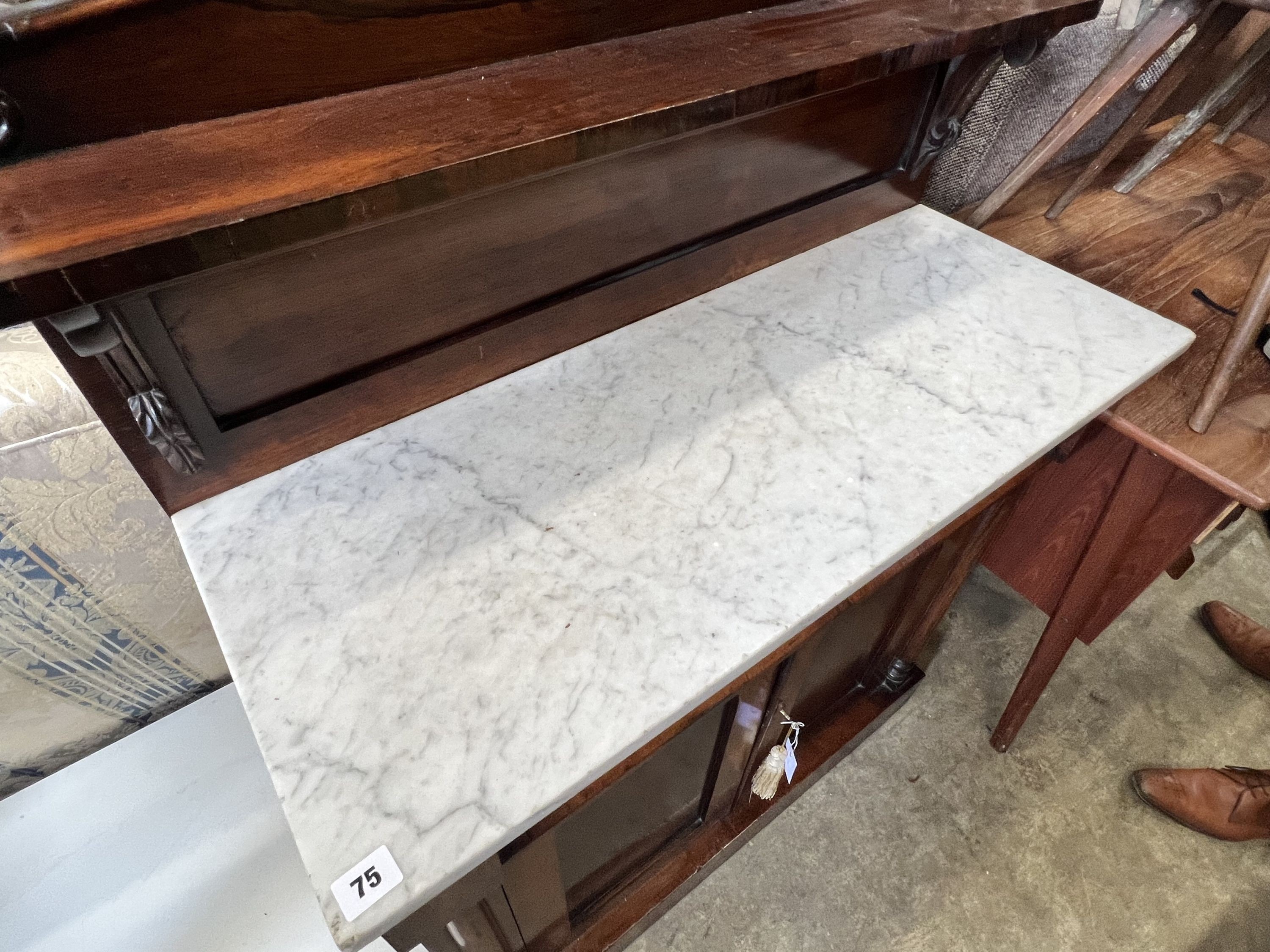 An early Victorian marble topped rosewood chiffonier, width 89cm depth 37cm height 122cm